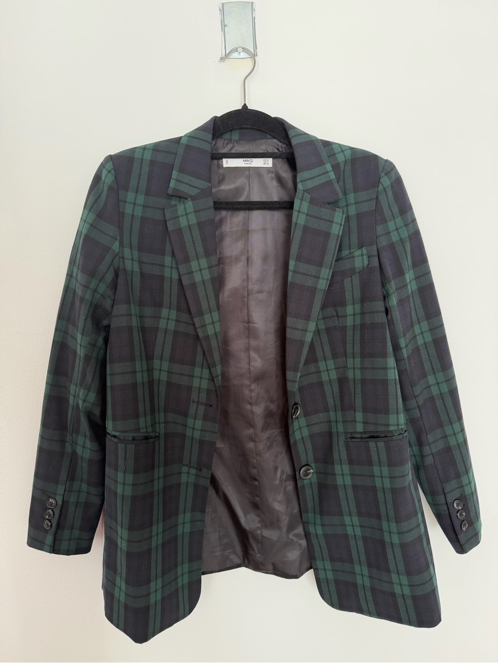 Mango Black and Green Plaid Blazer
